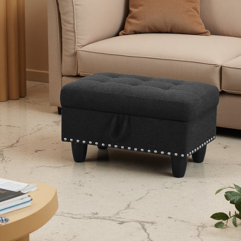 Black Linen Storage Ottoman With Nailhead Trim – Multi-functional Storage Bench For Living Room/bedroom