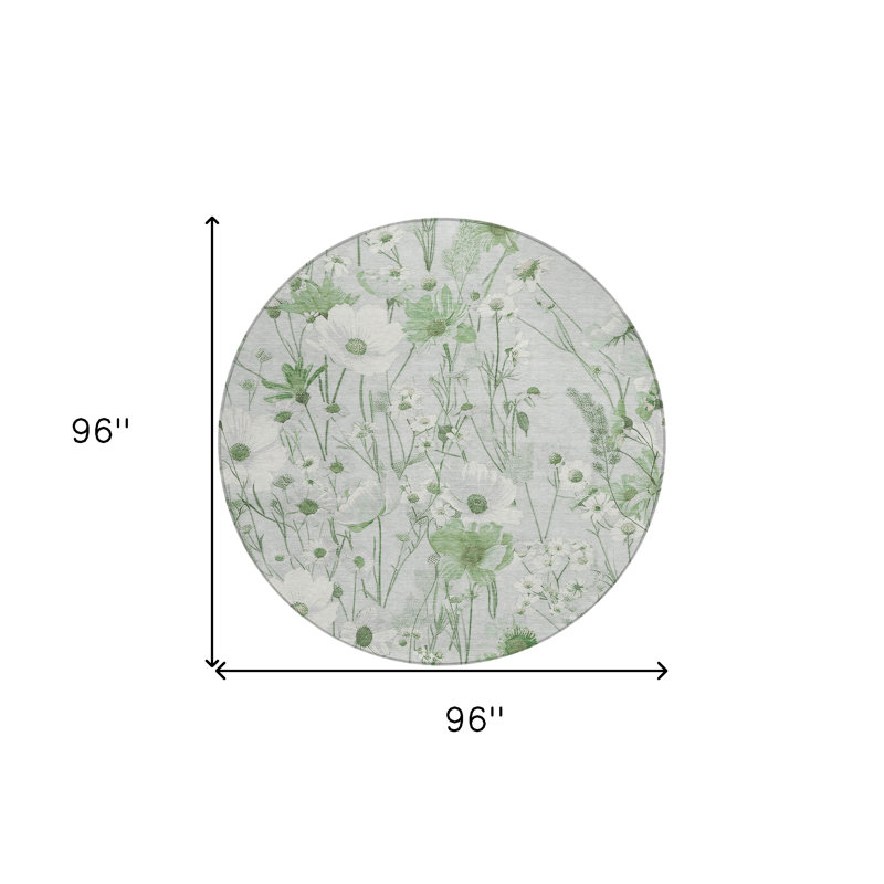 Tapis extérieur rond lavable floral vert menthe et ivoire 8 pi