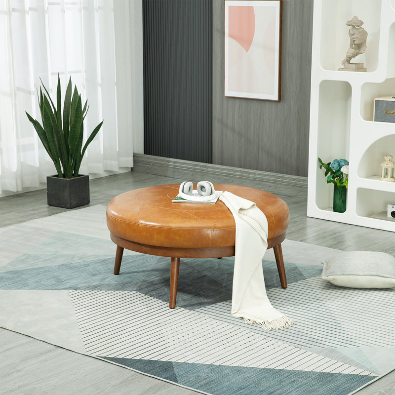 Joevanny Faux Leather Ottoman, Tan Faux Leather