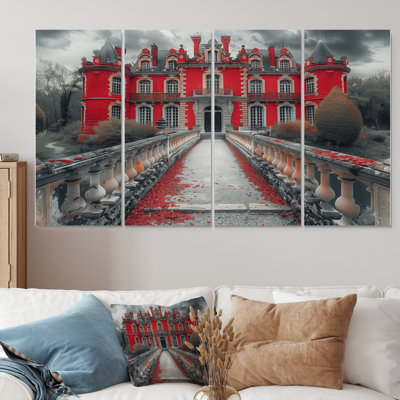 Monochrome Red Grey Autumn Manor In Germany II - Chateaus Wall Art Print Set