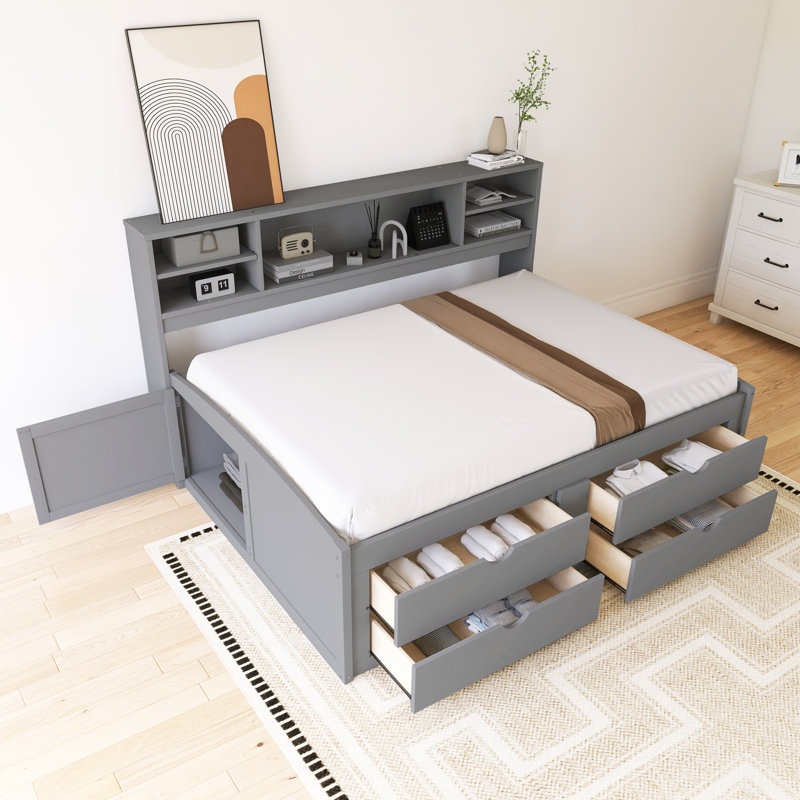Lit de jour en bois double avec 4 tiroirs, gris