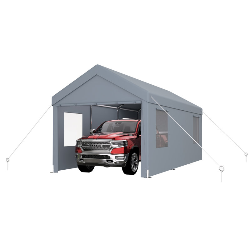 Abri de garage 10 pi x 20 pi avec auvent et 2 portes, 4 fenêtres d'aération, cadre gris pour abri de véhicule 10 x 20 pi, rangement extérieur