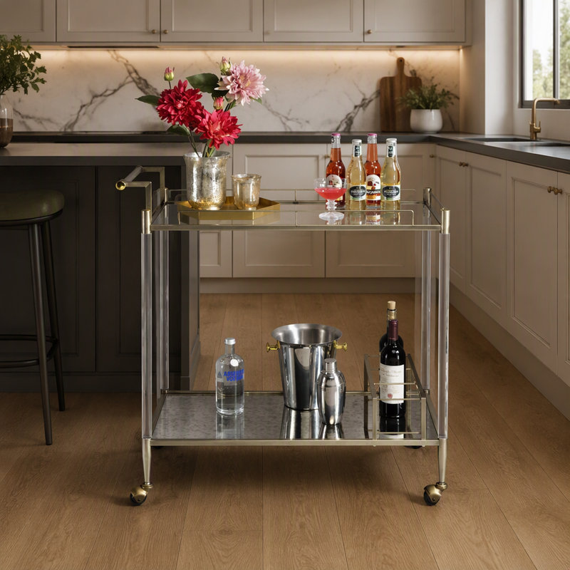 Wire Brass Rectangular Serving Cart with Glass and Mirror Shelves