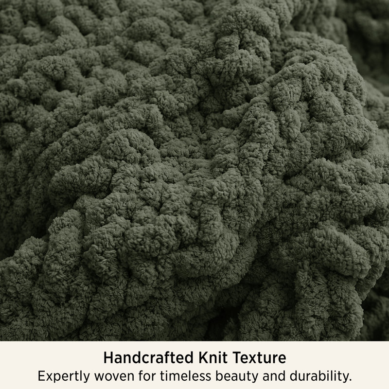 Hand-Knit Chenille Chunky Throw Blanket, Deep Green