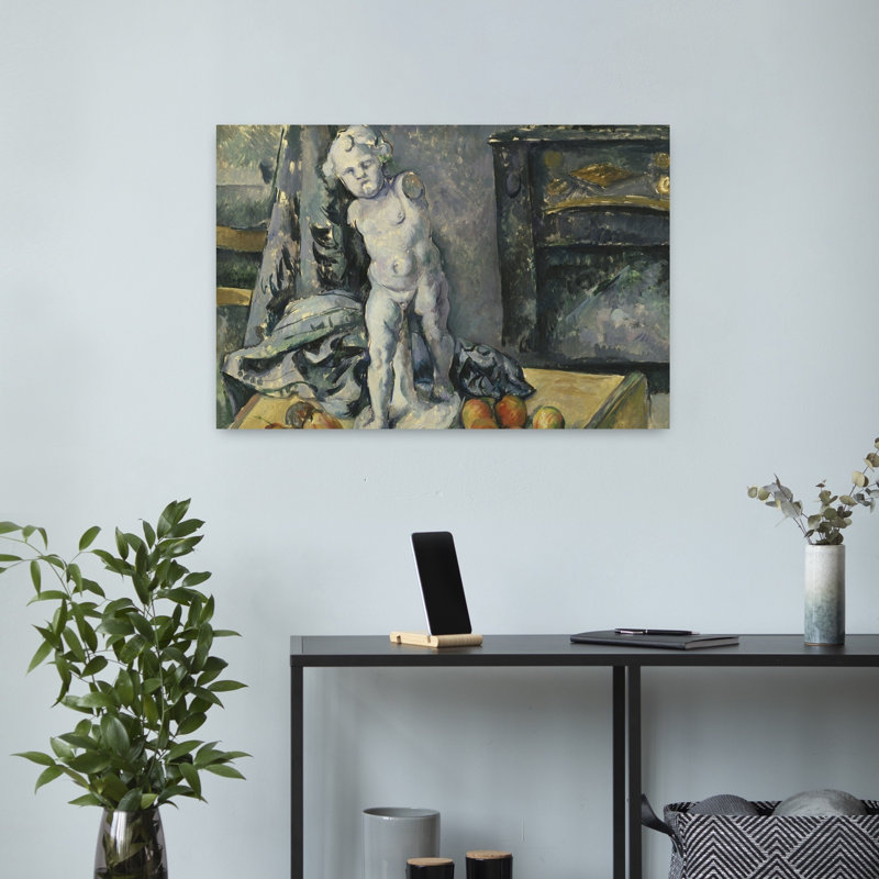 Nature morte au Cupidon en plâtre, estampe d'art mural contemporaine abstraite impressionniste des années 1890 représentant des fruits