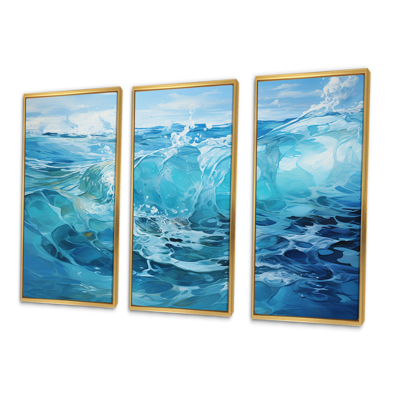 Azure Water Dreams - Ensemble de décorations murales impressionnistes abstraites, Cadre flottant doré
