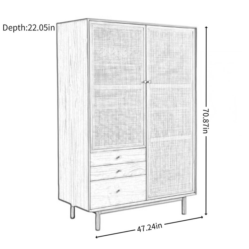 Armoire simple en bois massif et rotin tissé