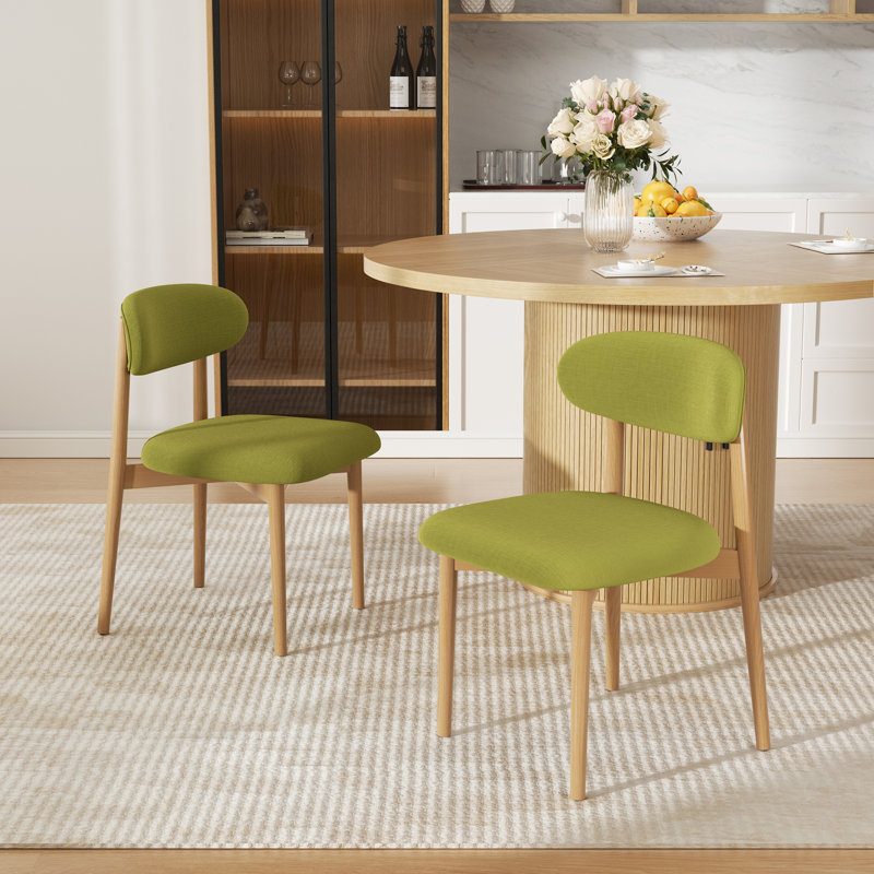 Modern Minimalist Dining Chair With Wood Legs, Mid-Century Accent Chair For Kitchen, Living Room, And Vanity, Green, Natural