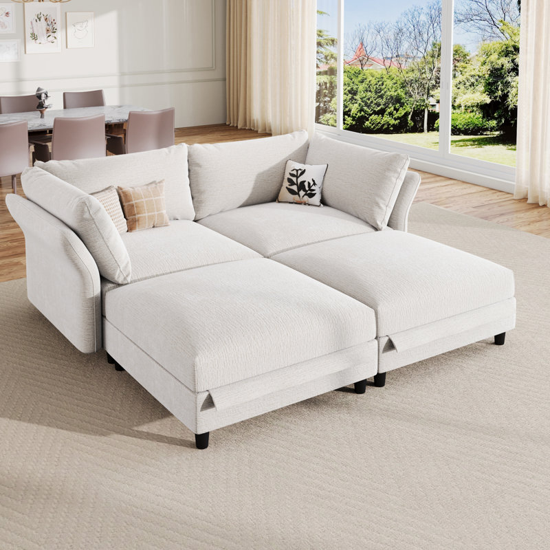 77" Chenille Sectional Couch Bed, Beige