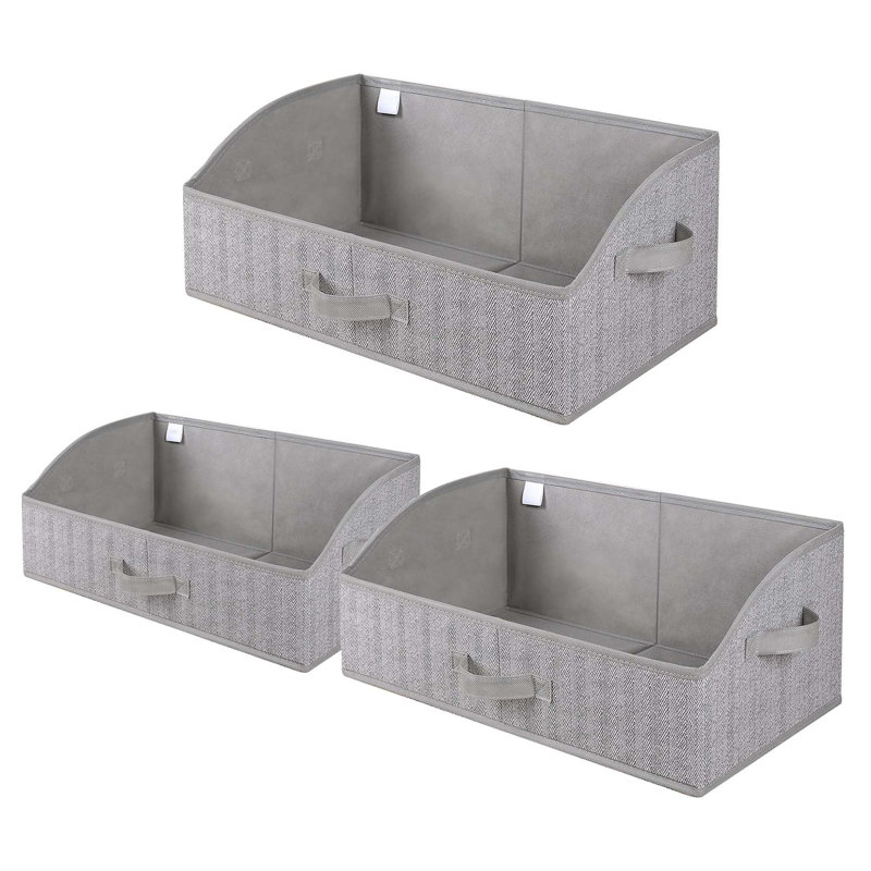 3 Pack Extra Large Closet Organizers – Trapezoid Fabric Storage Bins, Foldable Baskets Handles, Herringbone Gray, Clothes Shelves