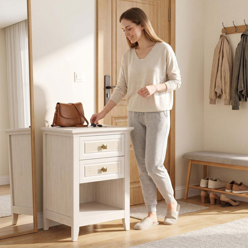 Ensemble de 2 tables de chevet en rotin de 17,5 po de large avec 2 tiroirs, tables de bout hautes 26,8 po pour petits espaces