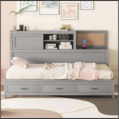 Wooden Daybed with 3 Storage Drawers, Upper Soft Board, Shelf, and Integrated Sockets and USB Ports