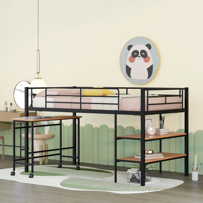 Twin Size Metal Loft Bed With Desk And Shelves, Space-Saving Design For Small Rooms And Multi-Functionality