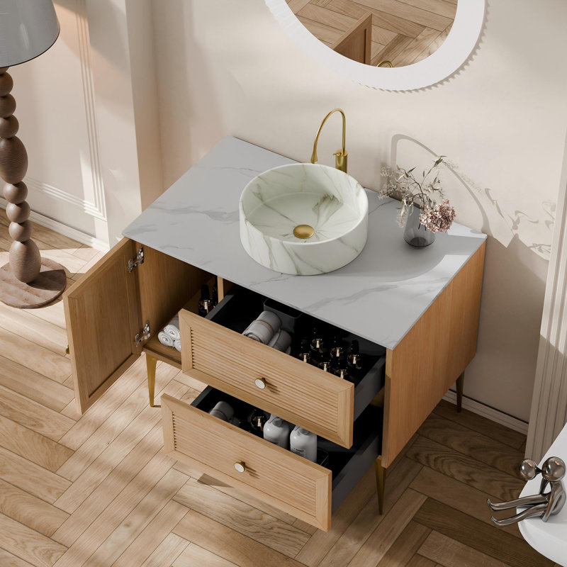 Meuble-lavabo autoportant de 36 po avec lavabo vasque en céramique blanche, plateau en pierre frittée et rangement à fermeture en douceur - finition grain de bois de chêne