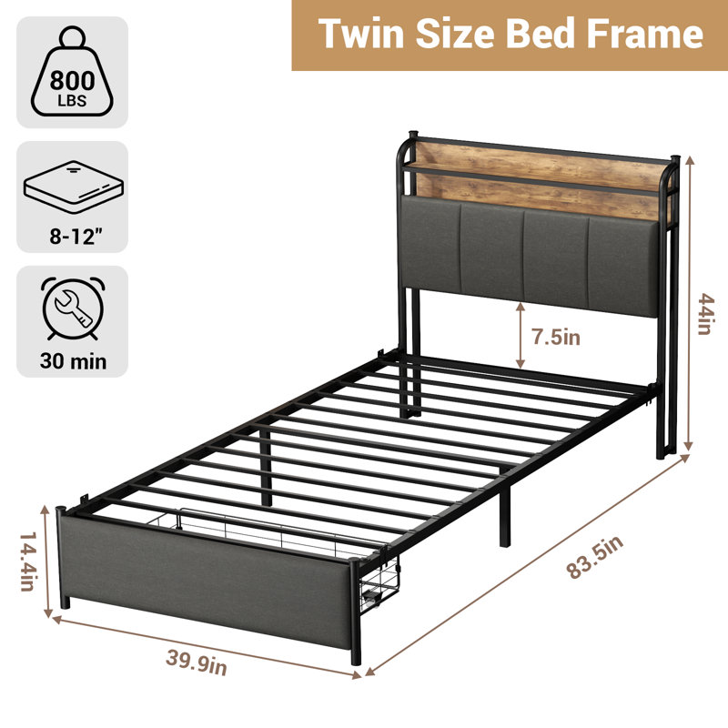 Bed Frame, Storage Headboard With Charging Station, Solid And Stable, Noise Free, No Box Spring Needed, Easy Assembly, Twin