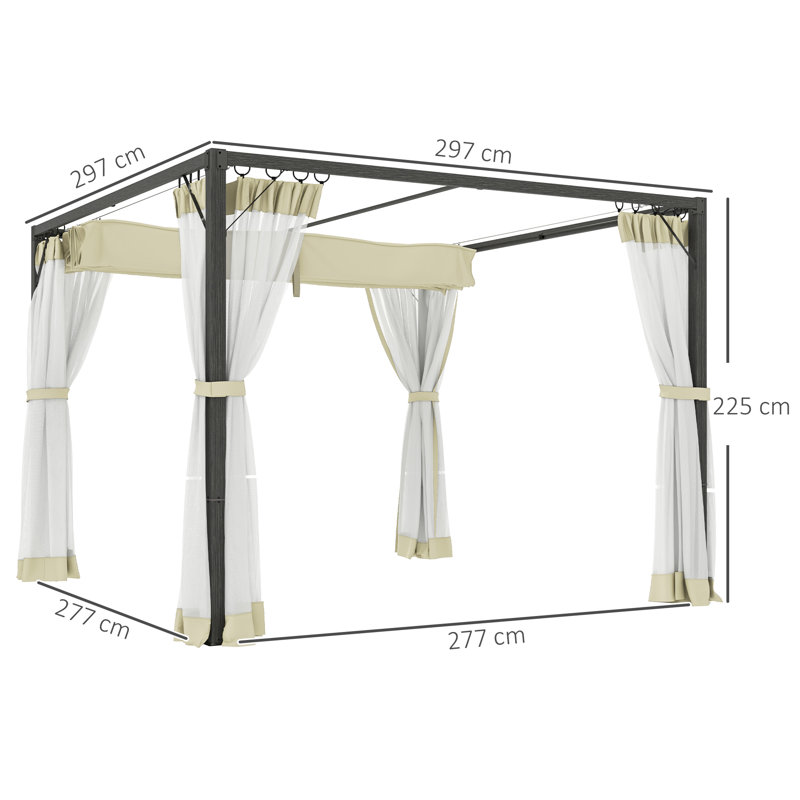 Outsunny 3 x 3 m Pergola with Retractable Roof and Netting, Khaki