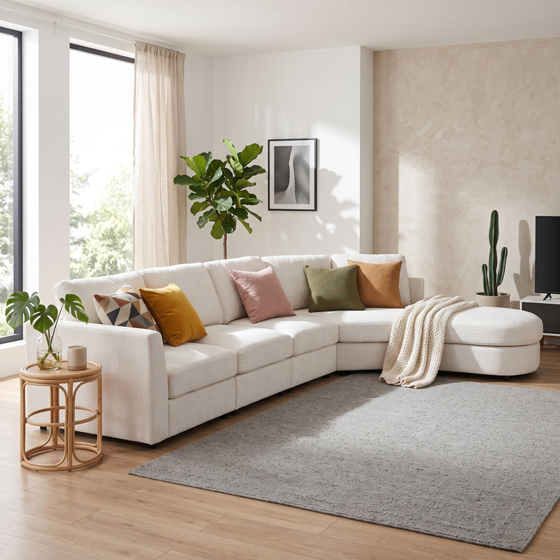 Canapé d'angle modulaire incurvé moderne Redbud 160,4 po, canapé surdimensionné à 5 places en chenille, canapé Cloud à assise profonde avec structure en bois massif, 4 coussins décoratifs pour salon, appartement