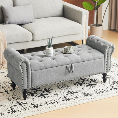 Banc de rangement 51 po, banc de bout avec grand repose-pieds capitonné en lin avec fenêtre et rangement pour armoire à chaussures, pour chambre à coucher, vestibule, placard