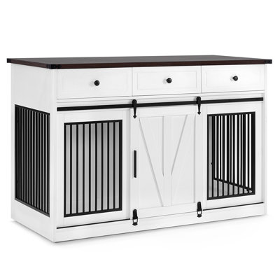 55.1” Length Wooden Dog Crate Kennel with Barn Door and 3 Drawers