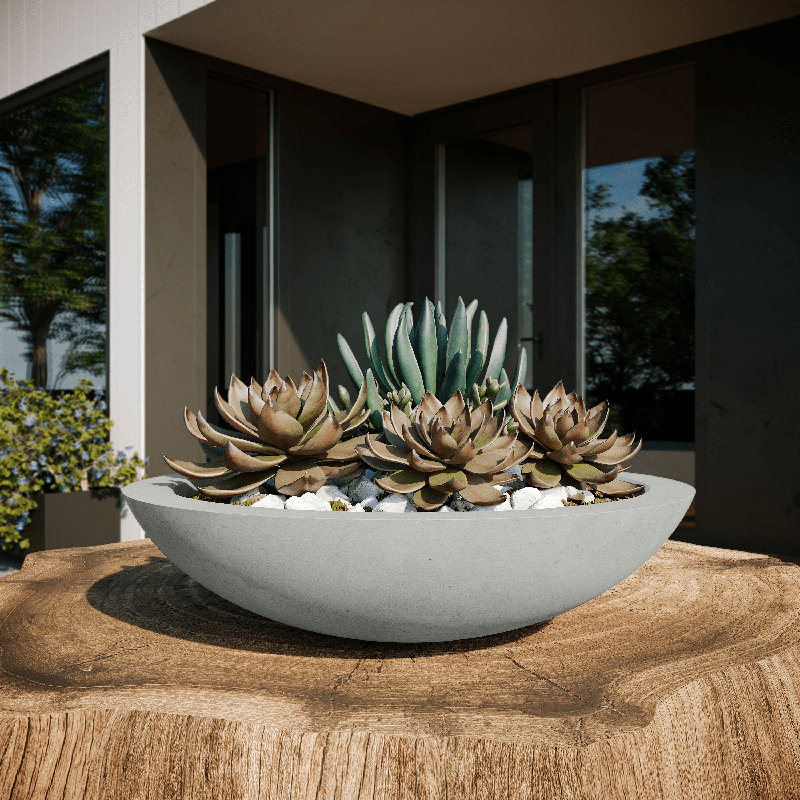 Oceanside Shallow Concrete Planter, Dover Blue, 8" H x 36" W x 36" D