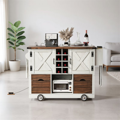 Rolling Kitchen Island With Drop Leaf, Power Outlet, 2 Cabinets, 2 Drawers, 4 Large Wheels, Spice Rack And Removable Hollow Wine Rack
