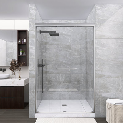 44-48" X 72" Double Sliding Shower Door, 1/4" (6mm) Tempered Glass With Explosion-Proof Film, Aluminum Frame & Stainless Steel Handle, Brushed Nickel
