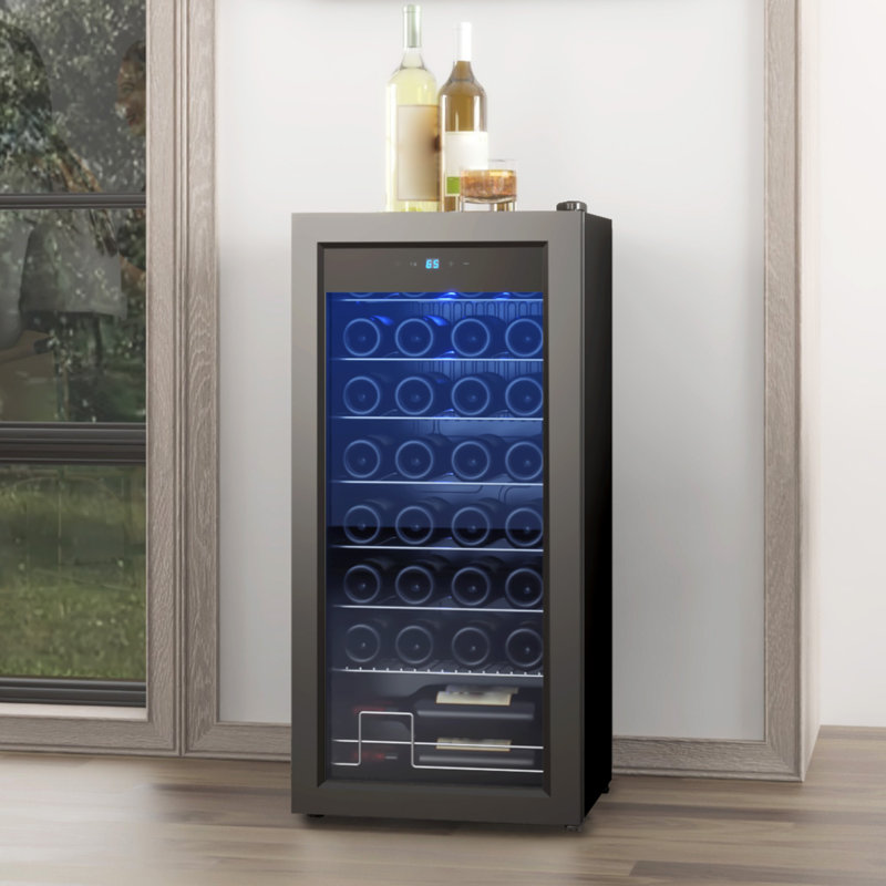 Refroidisseur à vin 32 bouteilles à compresseur - 41 64 -64 ℉ Cave à vin autoportante, conception compacte, porte simple en verre, commande tactile numérique à DEL, pour vin rouge, blanc, champagne ou mousseux