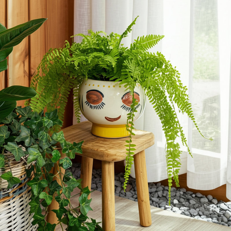 Stoneware Ceramic Planter with Decorative Face Design and Elevated Base for Modern Contemporary Decor, 6" H x 7" W x 7" D
