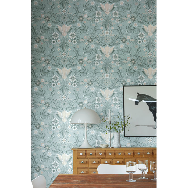 Mathena Östanskär Floral Design 10.05m x 53cm Wallpaper Roll, Green/White/Taupe