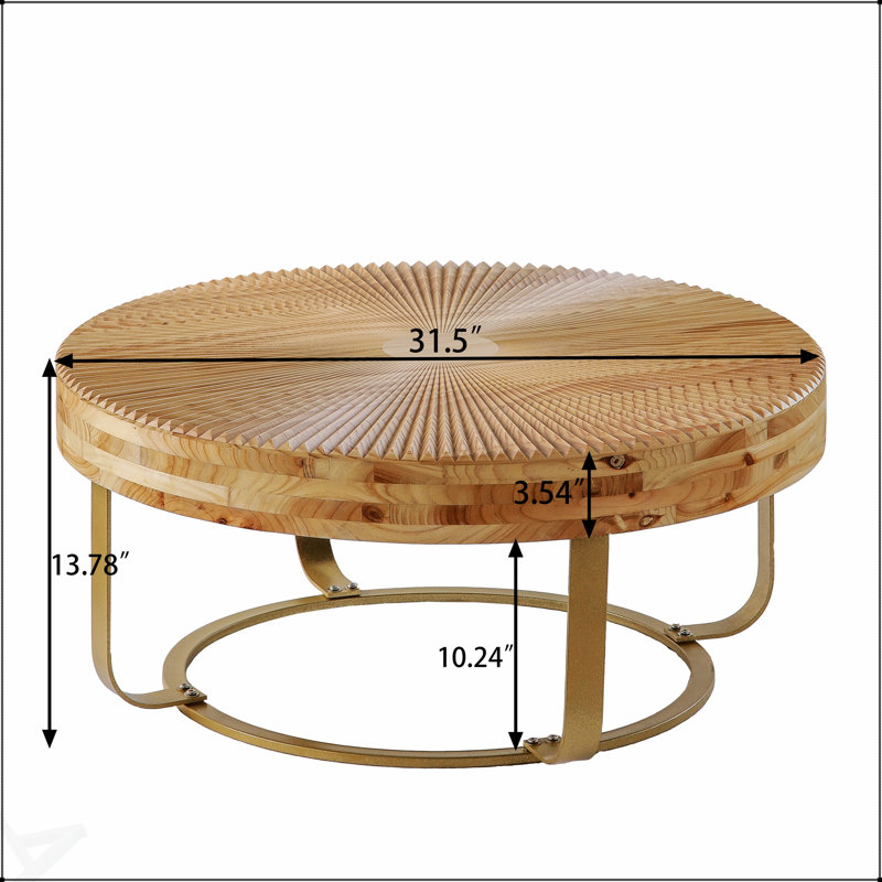 Modern Round Wooden Carved Coffee Table With Metal Legs, Perfect For Enhancing Any Living Room Decor And Functionality., Gold