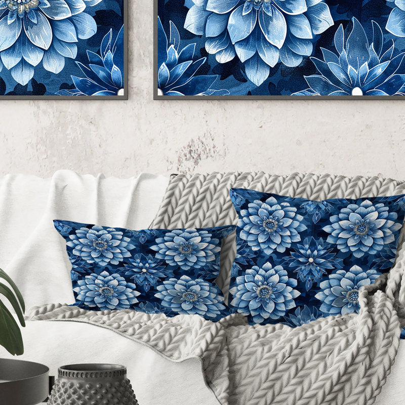 Carreaux floraux bleus et argentés traditionnels - coussin décoratif traditionnel, H 16 po x l 16 po