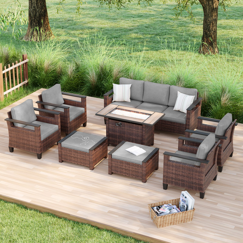 8 Piece Patio Sofa with Rectangle Fire Pit Table and Ottomans, Gray