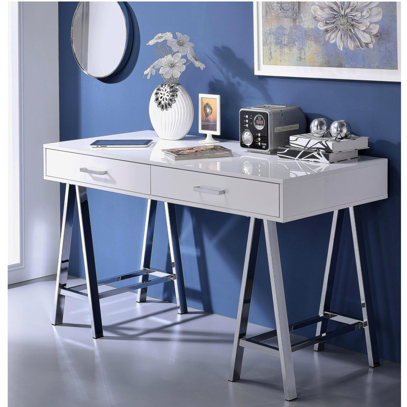 Bureau blanc chromé brillant avec port USB, Blanc