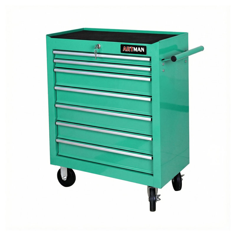 Chariot à outils à roulettes 7 tiroirs avec roulettes - Armoire à outils verrouillable en métal vert avec tiroirs à billes pour l'organisation du garage