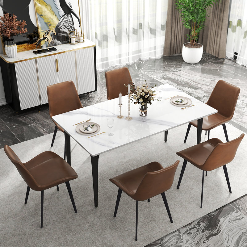 6 Seat Modern Stone Dining Table Set With Faux Leather Side Chairs, 7-piece Dining Set, White, Brown