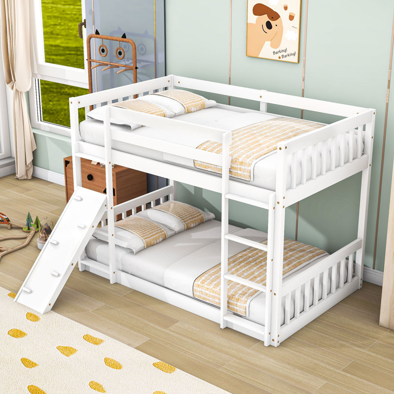 Twin Over Twin Wood Floor Bunk Bed With Climbing Ramp, Guardrails And Dual Ladders, White
