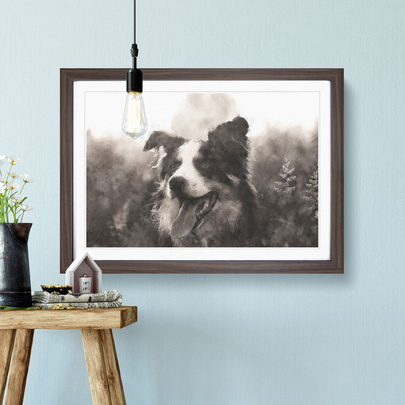 Border Collie Dog In A Meadow Painting - Single Picture Frame Print on MDF, 62cm H x 87cm W x 2cm D, Walnut