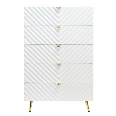 Commode 5 tiroirs Gaines, finition blanche ultrabrillante