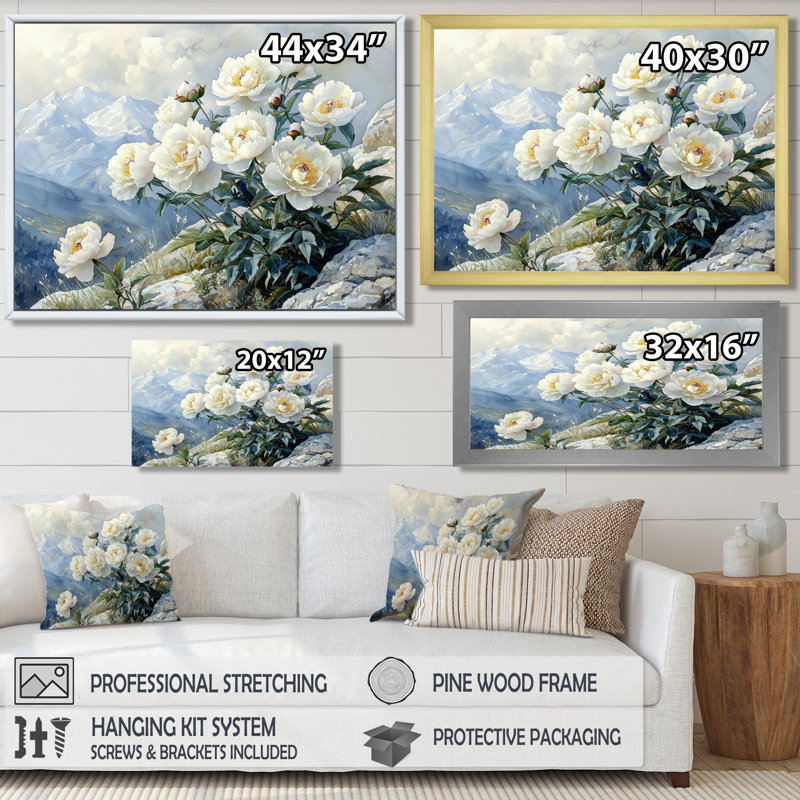 Pivoines près de la crête de montagne I - pivoines, art mural, H 12 po x l 20 po, Toile tendue