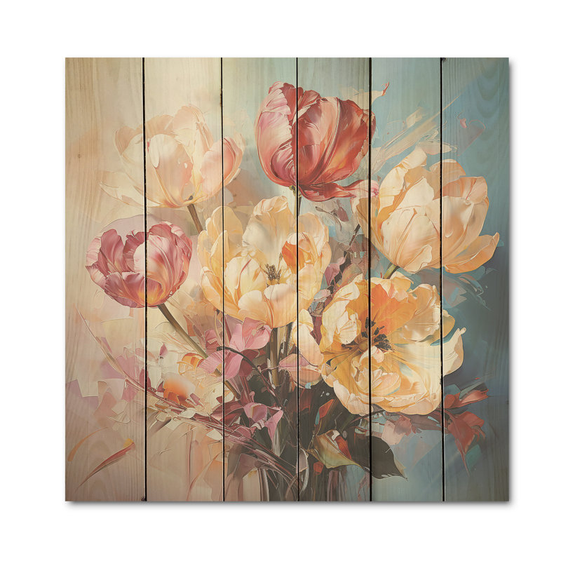 Tulipes Bouquet Still Life I - Tulipes, panneau mural en bois sur bois de pin naturel, H 36 po x l 36 po