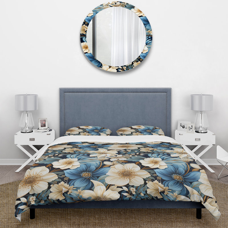 Literie de fleurs bleues et blanches, Housse de couette simple + 1 taie décorative stan