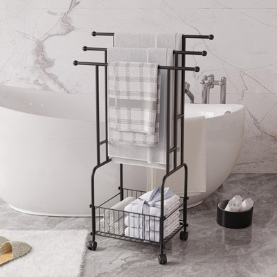 Porte-serviettes pour la salle de bain, support en alliage renforcé noir durable avec roues et panier, porte-serviettes sur pied, porte-couvertures multi-usage pour la présentation de la salle de bain intérieure / extérieure (noir)
