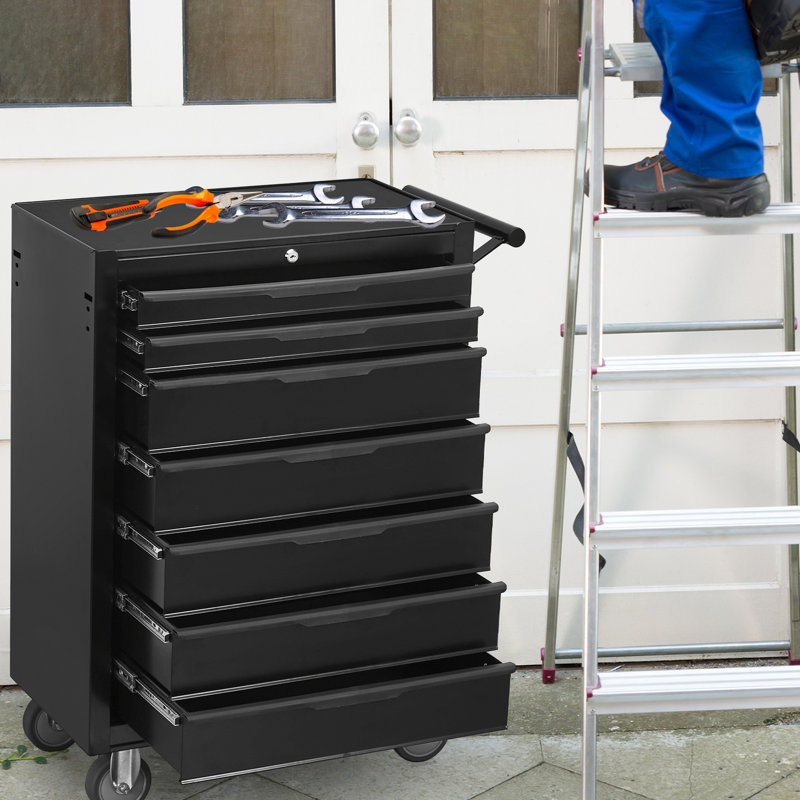 Coffre à outils noir 7 roulettes - Armoire en métal avec roues pour atelier, serrure de boîte d'entrepôt