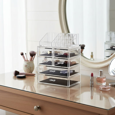 Transparent Acrylic 7-Drawer Cosmetic Storage Set With Large And Small Compartments. Suitable For Storing Lipsticks, Brushes, And Jewelry. Fits Vanity Surfaces. Clear Organization, Space-Saving. A Must-Have For Beauty Organizers!