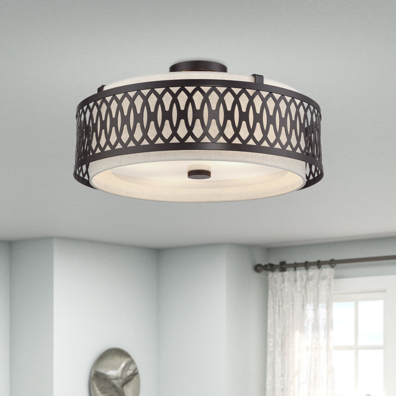 4 Light Soft Gold Extra Large Semi-Flush With Hand Crafted Oatmeal Color Fabric Hardback Shade, English Bronze