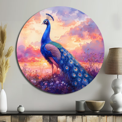 Paon à l'aube mauve II - oiseau rond en métal, décoration murale moderne en métal bleu