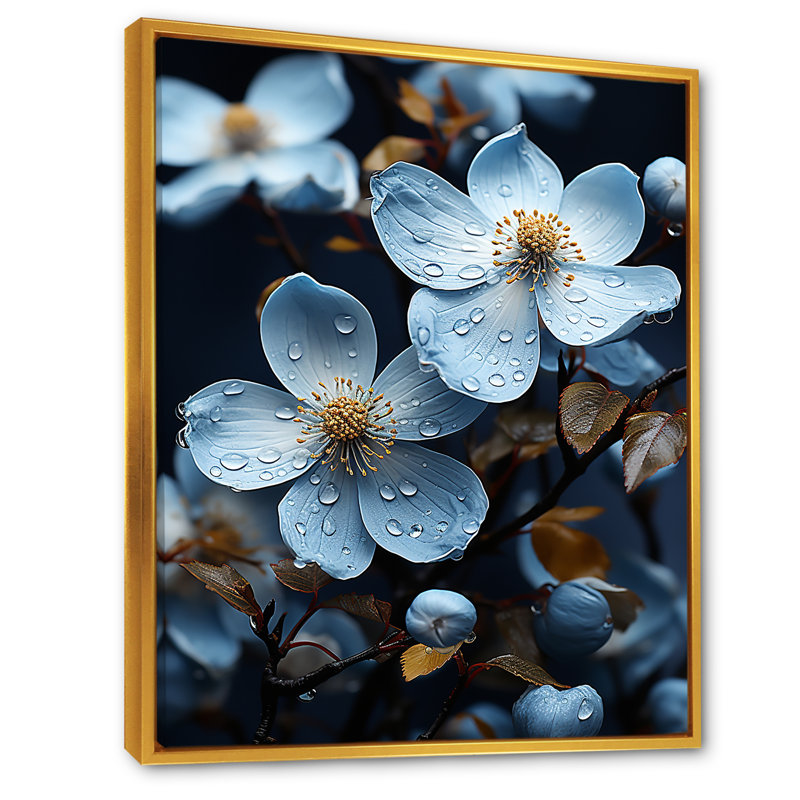 Cornouiller en fleurs dans des tons de gris - imprimé, Cadre flottant doré, H 40 po x l 30 po x P 1,5 po