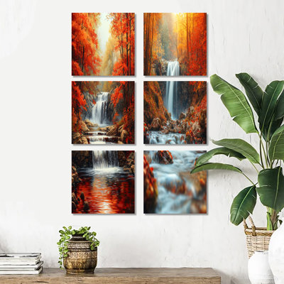 «Red Autumn Mountain Waterfall - Waterfall», ensemble d'art mural sur toile