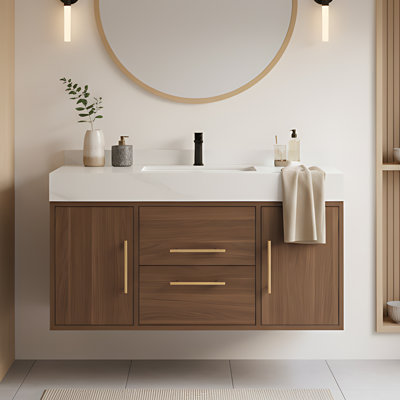 Meuble-lavabo moderne de 39 po avec lavabo, meubles-lavabos flottants avec comptoir en pierre frittée et armoire au fini noyer, armoire de rangement avec 2 portes et 2 tiroirs