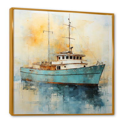 Bateau de pêche jaune et bleu à l'aube - bateau côtier, art mural